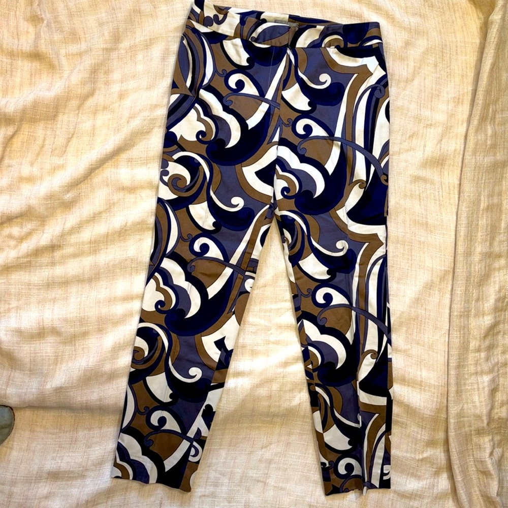 Evelyn & Arthur 10 Chocolate & Blue Geometric Classic Ankle Pants, 10, EUC